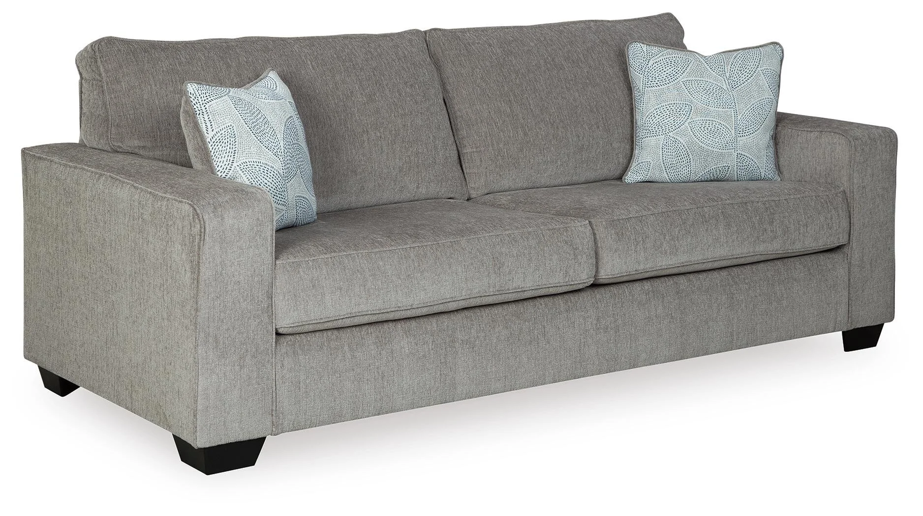 Contemporary sofa with soft chenille-feel upholstery, track arms, plush seating, and coordinating floral accent pillows.