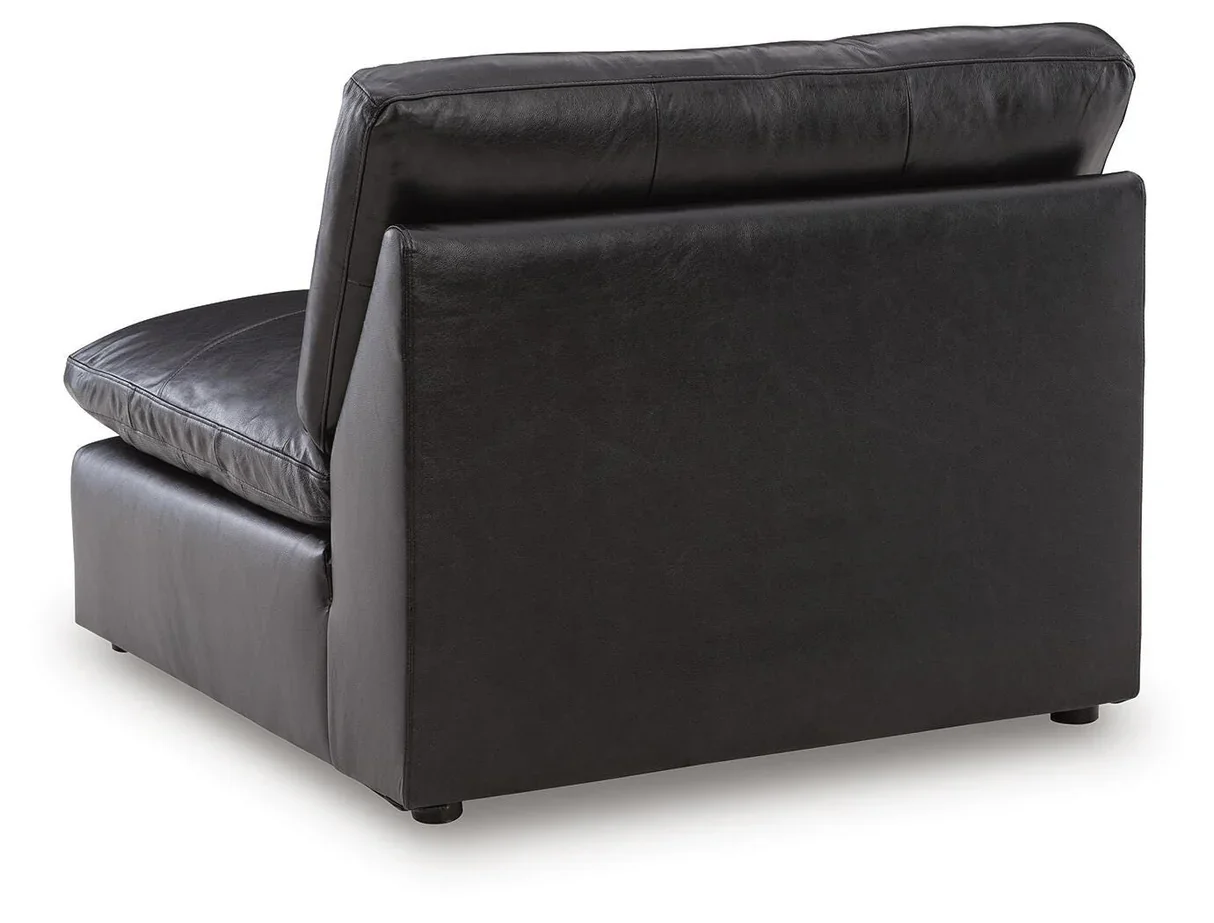 Modern modular leather sofa with top-grain leather seating, feather-fiber cushions, bolster pillows, and flexible three-piece configuration.
