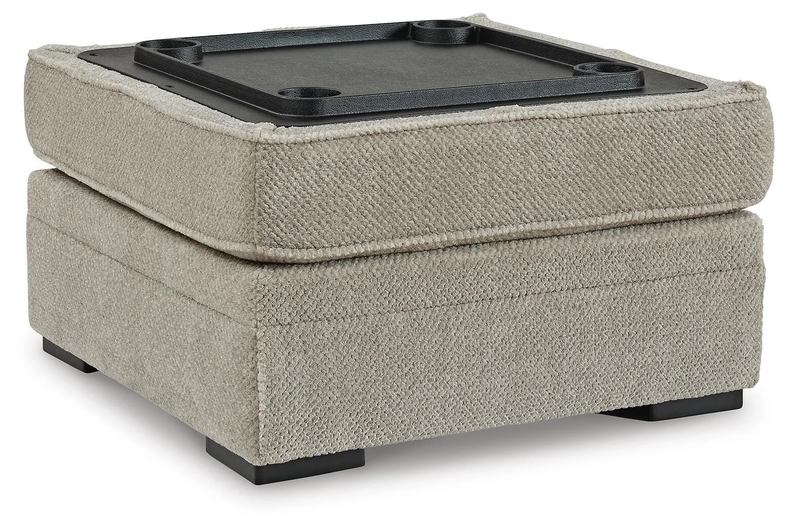 Matching upholstered storage ottoman with hidden storage, removable lid, and built-in cup holders.