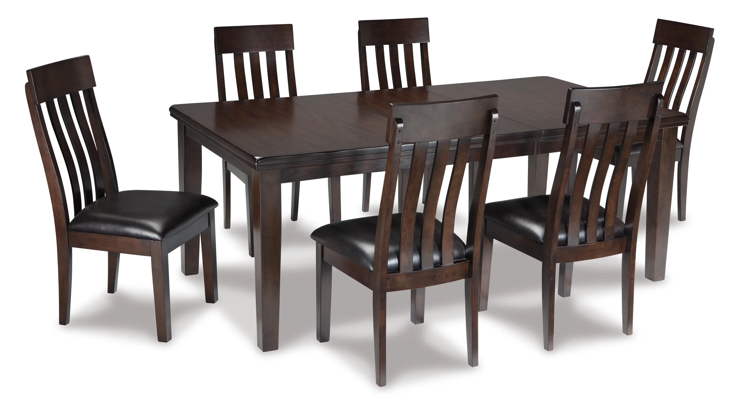 Highland 7-piece dining set with a rectangular butterfly leaf dining table and six upholstered faux leather dining chairs on a white background.