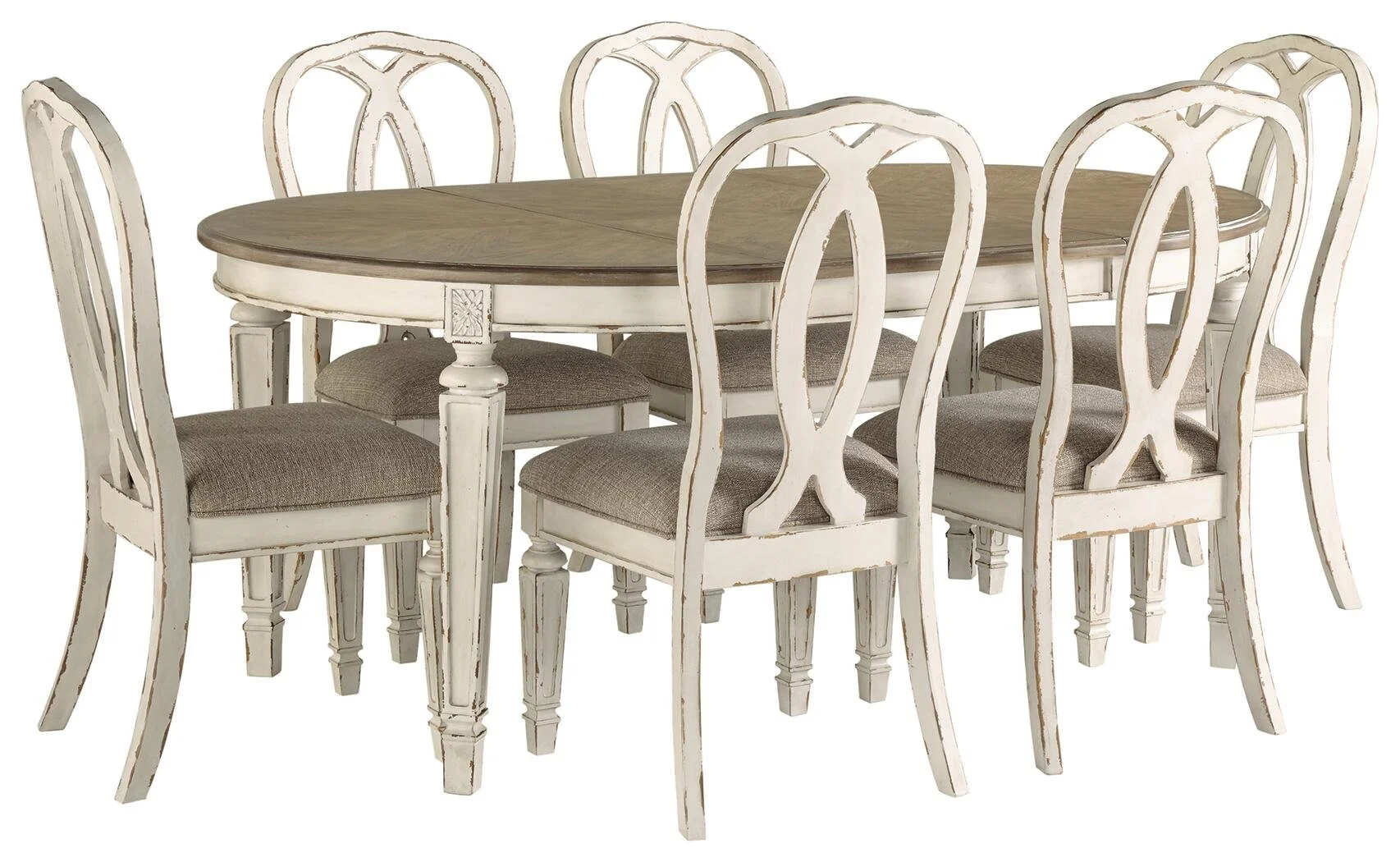 Regency 7-piece dining set with an oval extension dining table and six distressed white ribbon-back dining chairs on a white background.