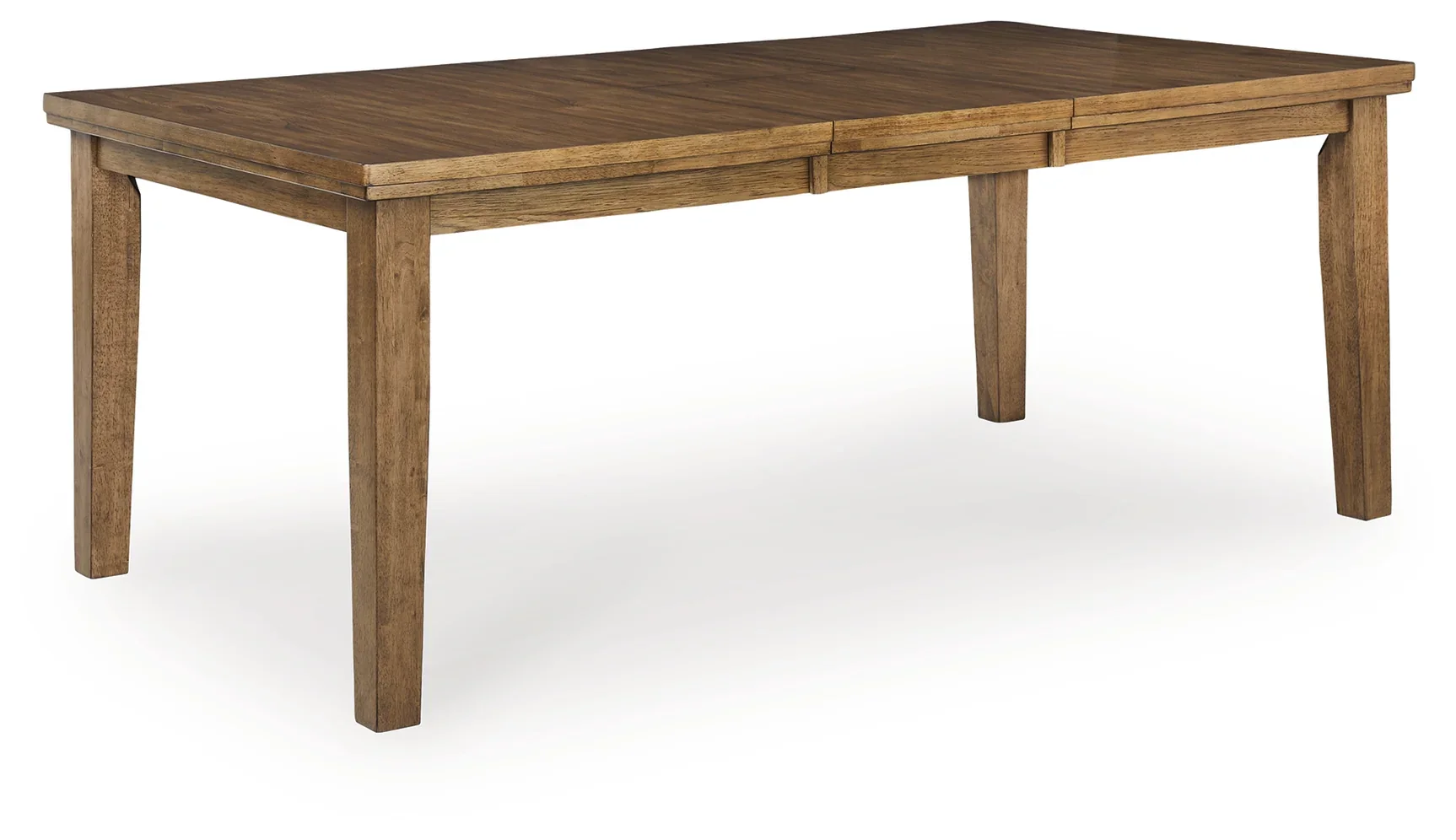 Rectangular butterfly leaf dining table with a light brown finish, burnished edges, and a self-storing extension leaf.