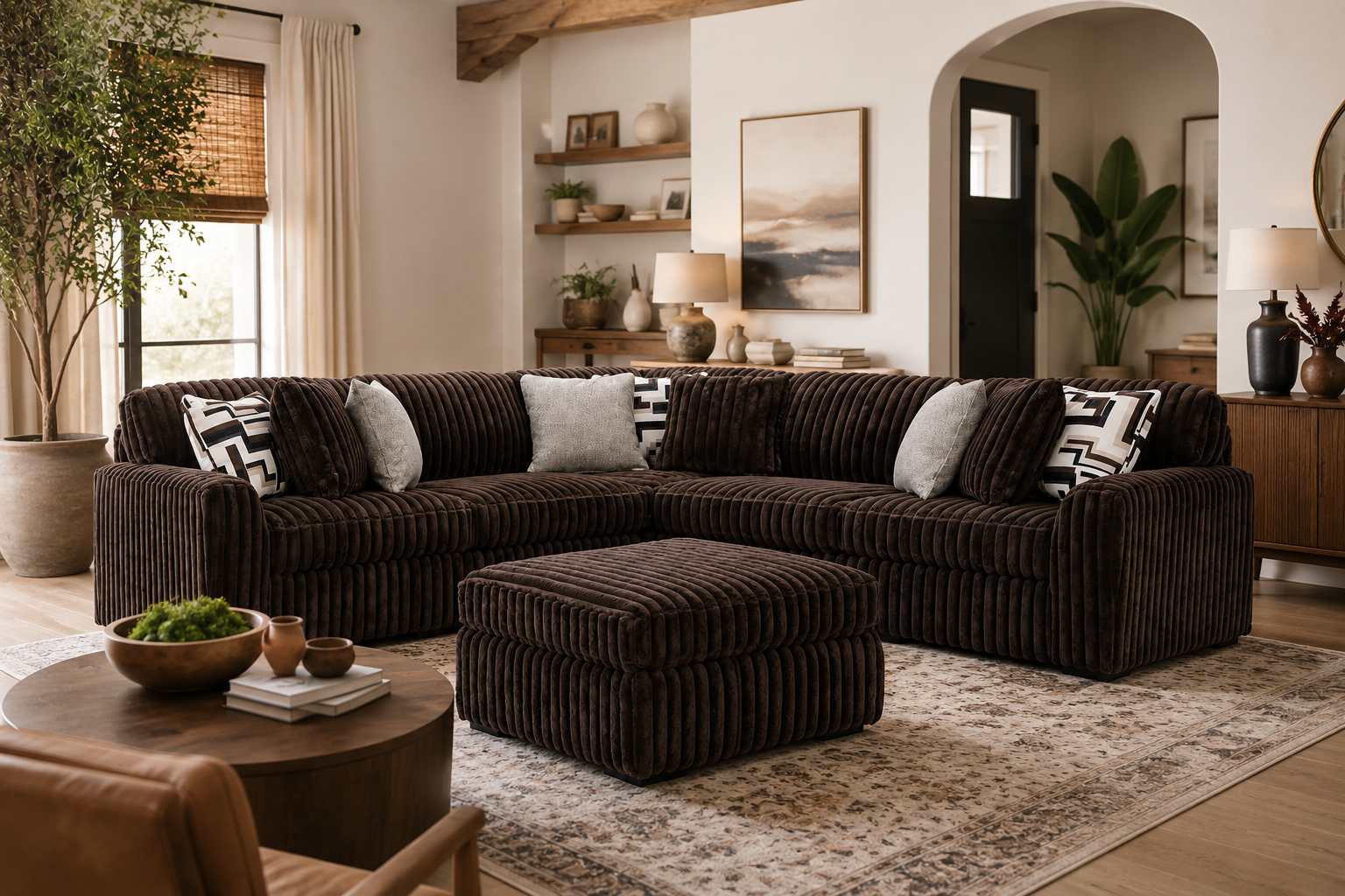 Monarch 3-piece sectional collection in a contemporary living room featuring jumbo corduroy upholstery and a matching oversized ottoman.
