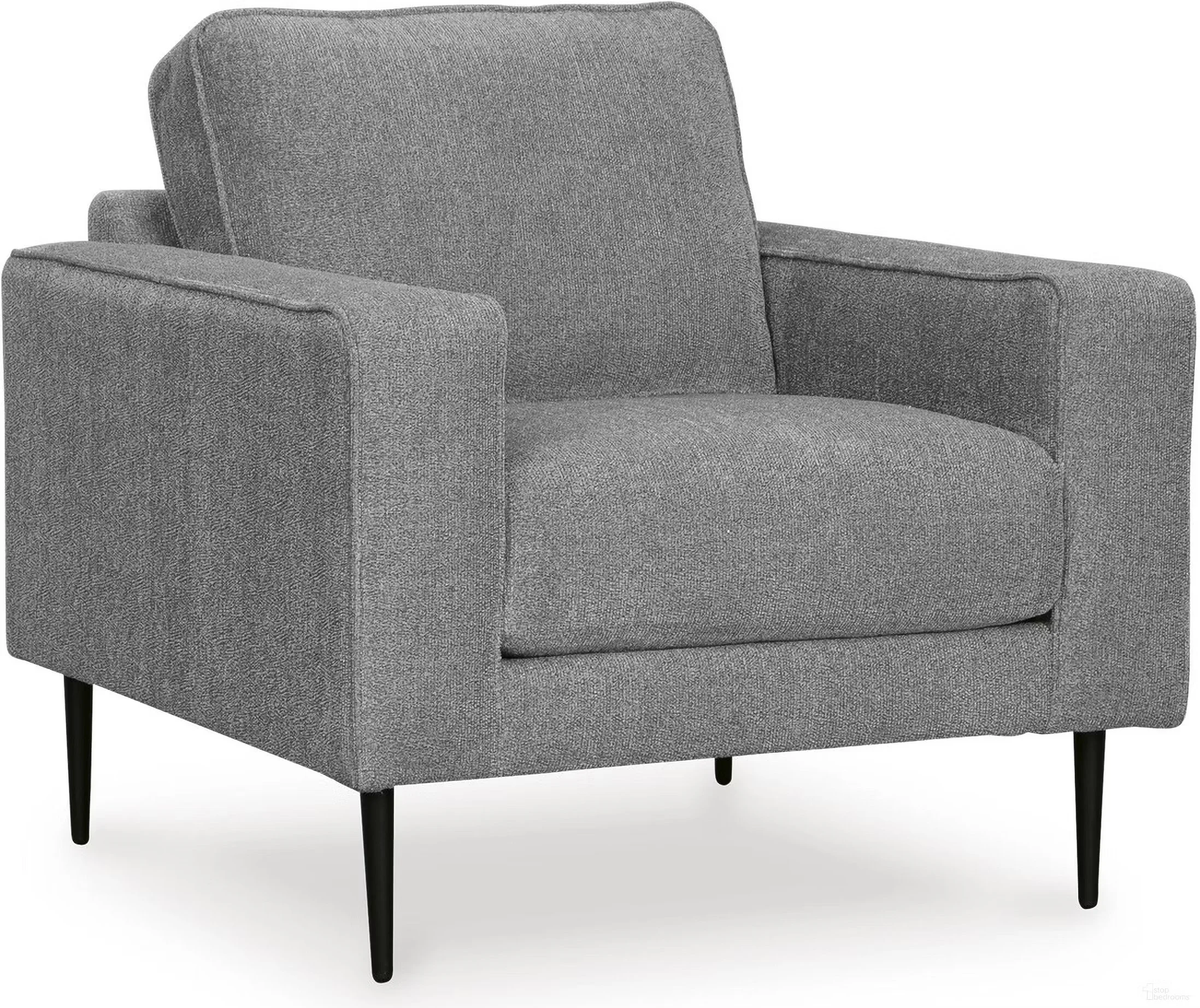 Contemporary upholstered chair with textured polyester fabric, loose cushions, and sleek black metal accent legs.