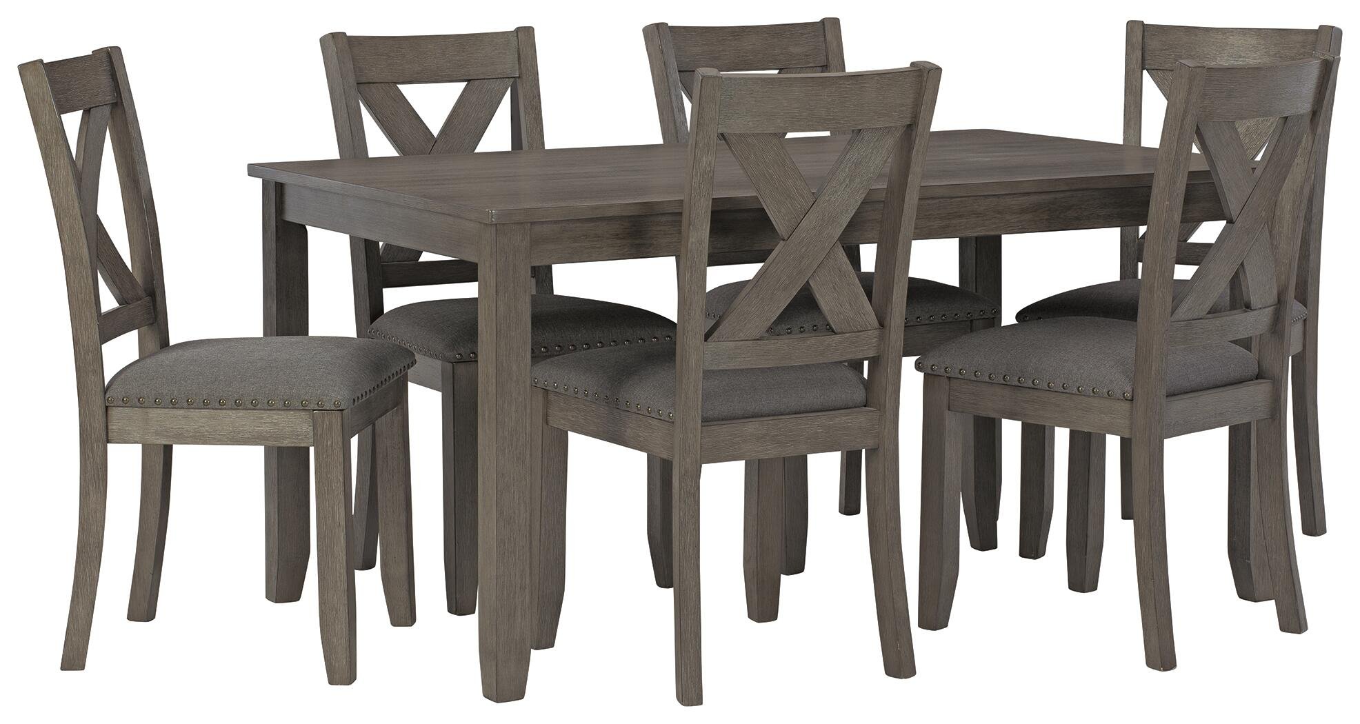 Carter 7-piece dining set with a rectangular gray wash dining table and six upholstered dining chairs on a white background.