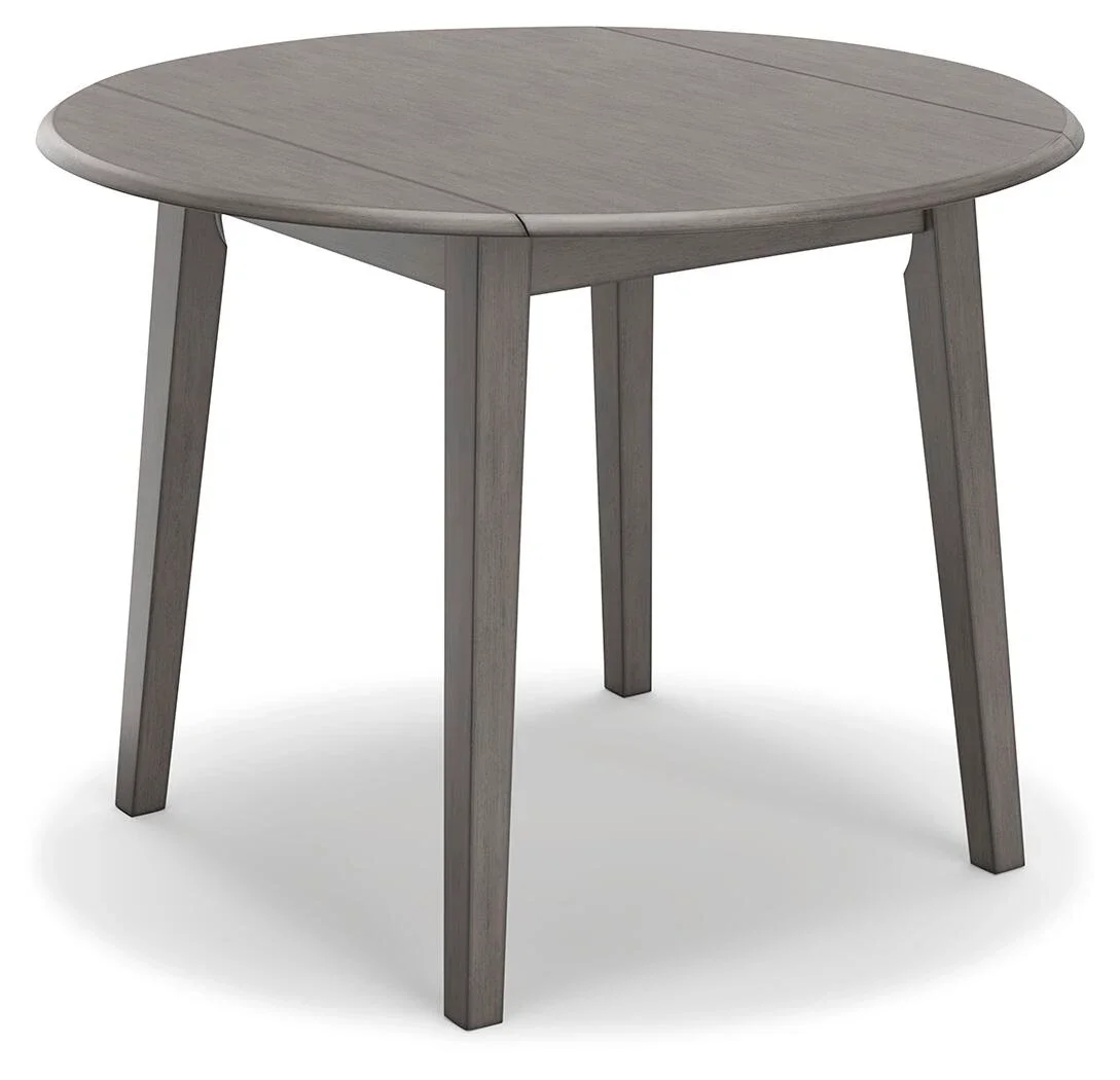 Side angle view of the Stonehill dining set highlighting the round drop leaf tabletop with gray finish.