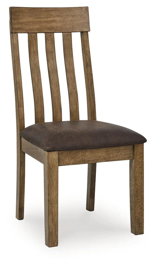 Dining chair with a solid wood frame, light brown finish, faux leather upholstered seat, and supportive foam cushioning.