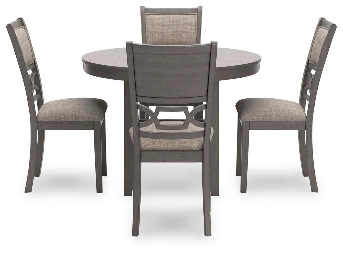 Close-up of the Wrenley dining set showcasing the light gray finish, textured upholstery, fretwork chair back, and quality craftsmanship.