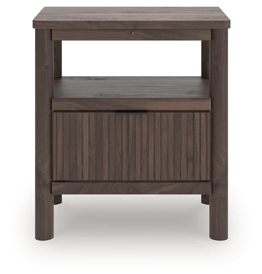 Modern one-drawer nightstand with a walnut-look finish, open shelf, ambient lighting, and built-in USB-A and USB-C charging ports.