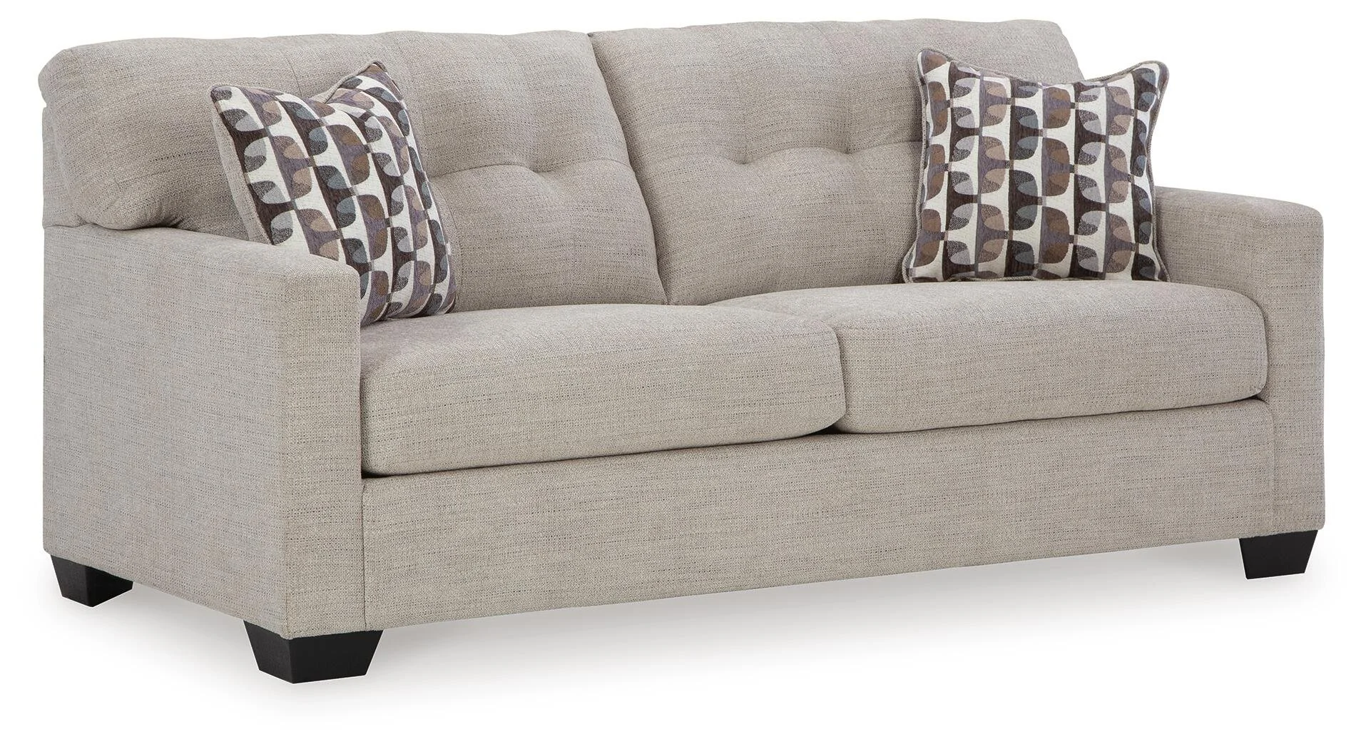 Transitional sofa with tufted back cushions, soft multi-toned polyester upholstery, plush seating, and coordinating accent pillows.