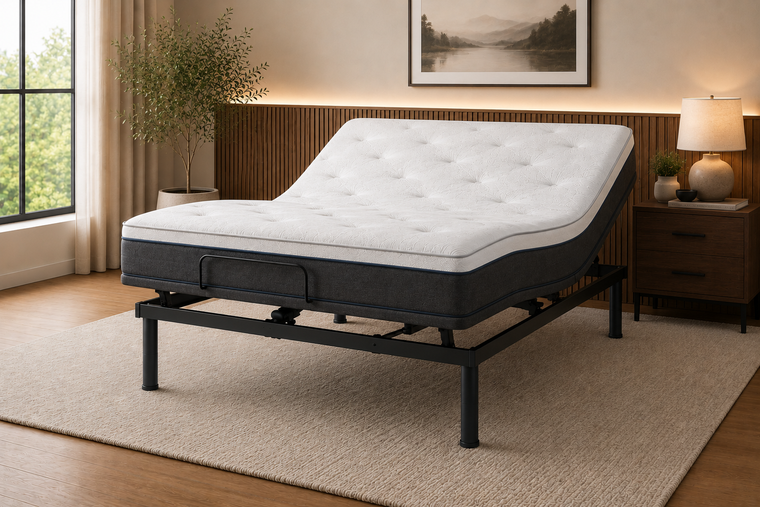 Wireless adjustable bed base with mattress in Zero Gravity position in a modern bedroom