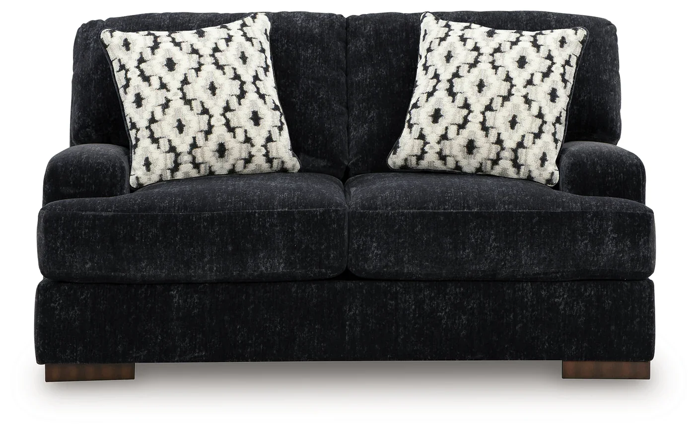 Matching oversized loveseat with chunky chenille upholstery, reversible cushions, plush seating, and coordinating accent pillows.