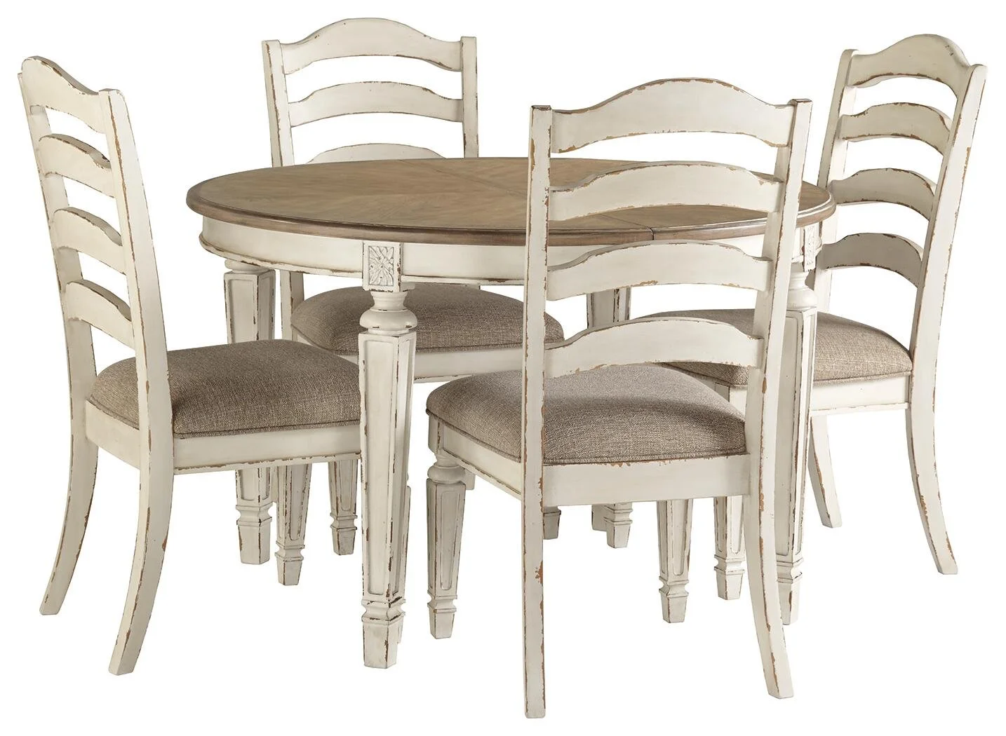Reese 5-piece dining set with an oval extension dining table and four distressed white upholstered ladderback chairs on a white background.