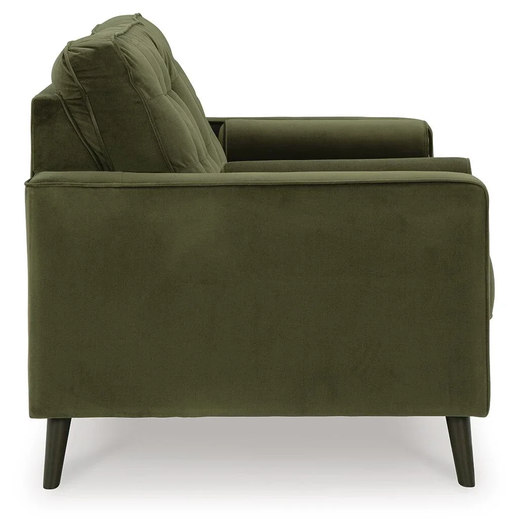 Matching velvet loveseat with button-tufted back cushions, tapered splay legs, plush seating, and coordinating bolster pillows.