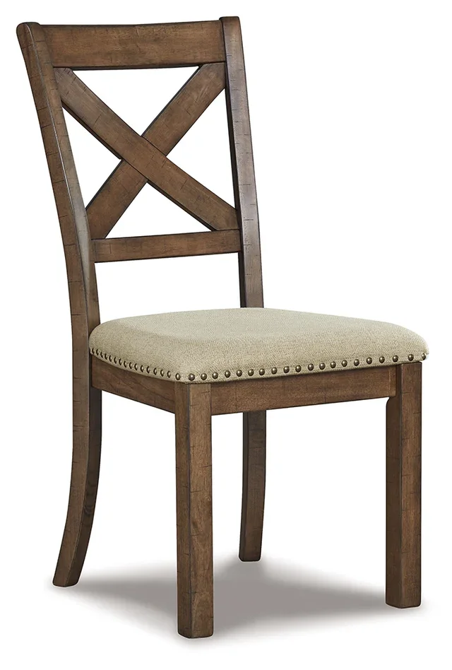 Farmhouse upholstered dining chair with a wood frame, foam-cushioned polyester seat, and antiqued bronze-tone nailhead trim.