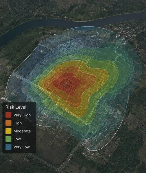 Map showing risk levels with zones from very low (blue) to very high (red) over a town near a river.