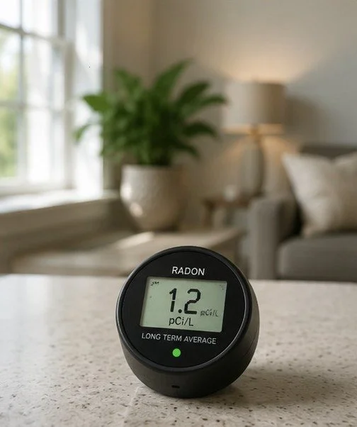 A radon measurement device showing a reading of 1.2 pCi/L on a kitchen countertop with a living room in the background.