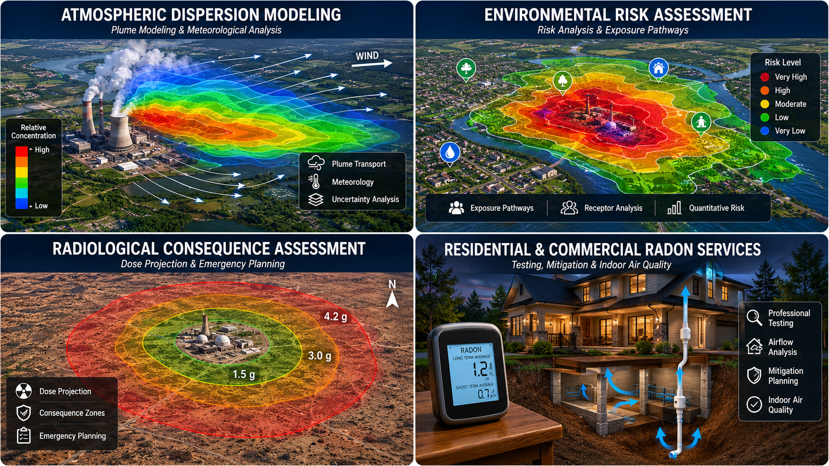 A four-panel infographic showing environmental analysis related to a nuclear power plant. The first panel illustrates atmospheric dispersion modeling with colored contours from blue to red indicating low to high concentration spread of plumes. The second panel shows environmental risk assessment with map overlays indicating risk levels from very low to very high. The third panel presents radiological consequence assessment with concentric zones indicating dose projection in g burial of radiation, from 1.5g to 4.2g. The fourth panel depicts residential and commercial radon services featuring a house with ventilation systems and a radon measurement device, highlighting testing, airflow analysis, mitigation planning, and indoor air quality.