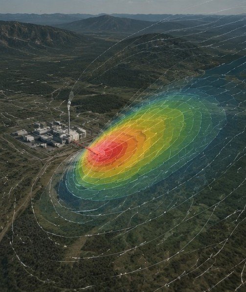 An aerial view of a landscape with a weather radar overlay showing a storm with red, yellow, and green colors indicating different intensity levels.