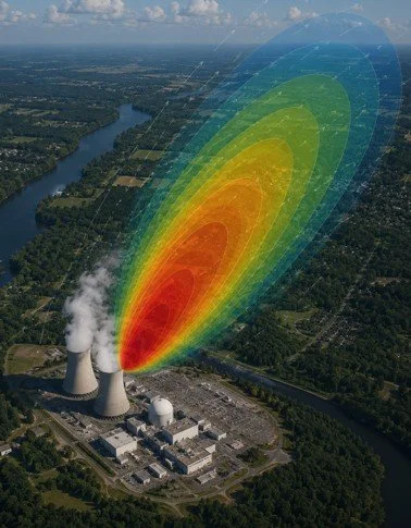 A nuclear power plant with cooling towers emitting steam, overlaid with a colorful signal pattern representing radiation or a wave spreading outward.