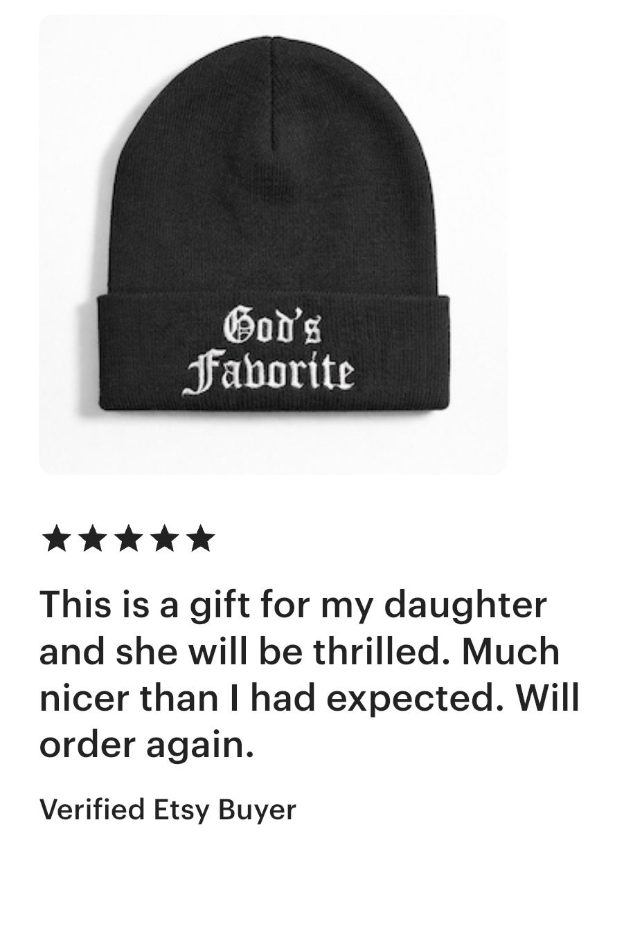 Black knit beanie with white embroidered text 'God's Favorite'
