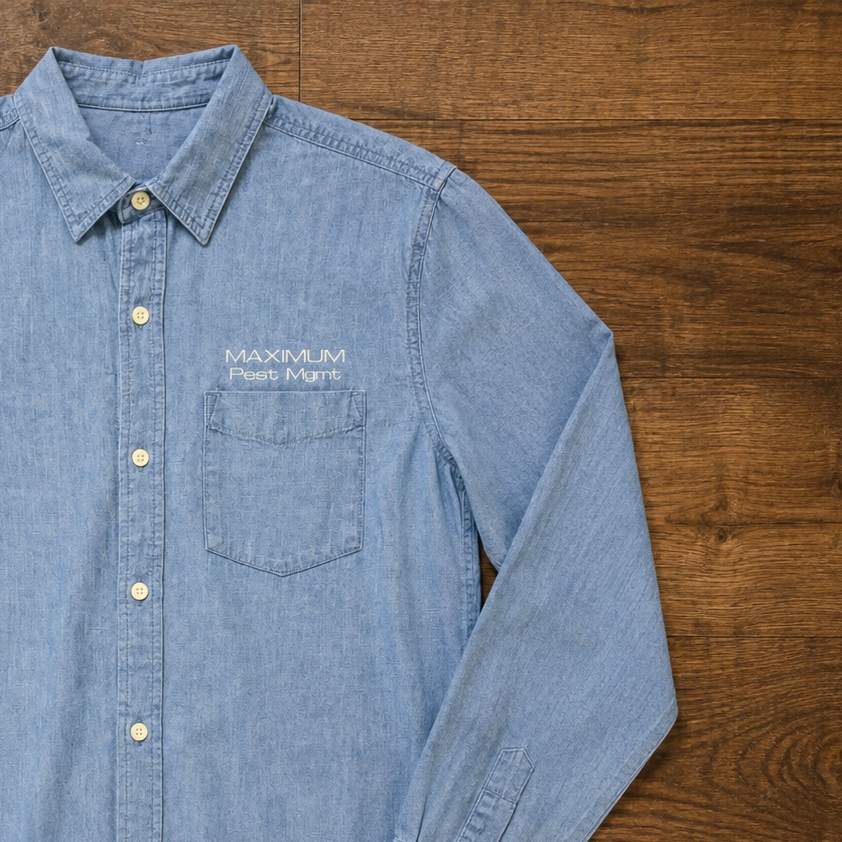 Light blue long-sleeve denim shirt with a chest pocket lying on a wooden surface, embroidered with 'MAXIMUM Pest Mgmt' on the left chest.
