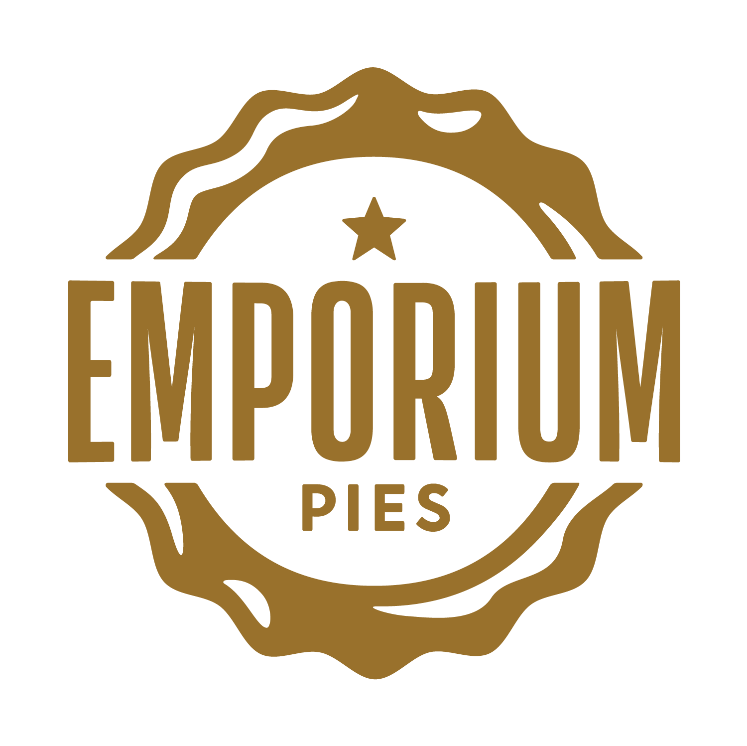 Logo for Emporium Pies featuring a stylized pie crust with a star and the text 'Emporium Pies' in brown and white colors.