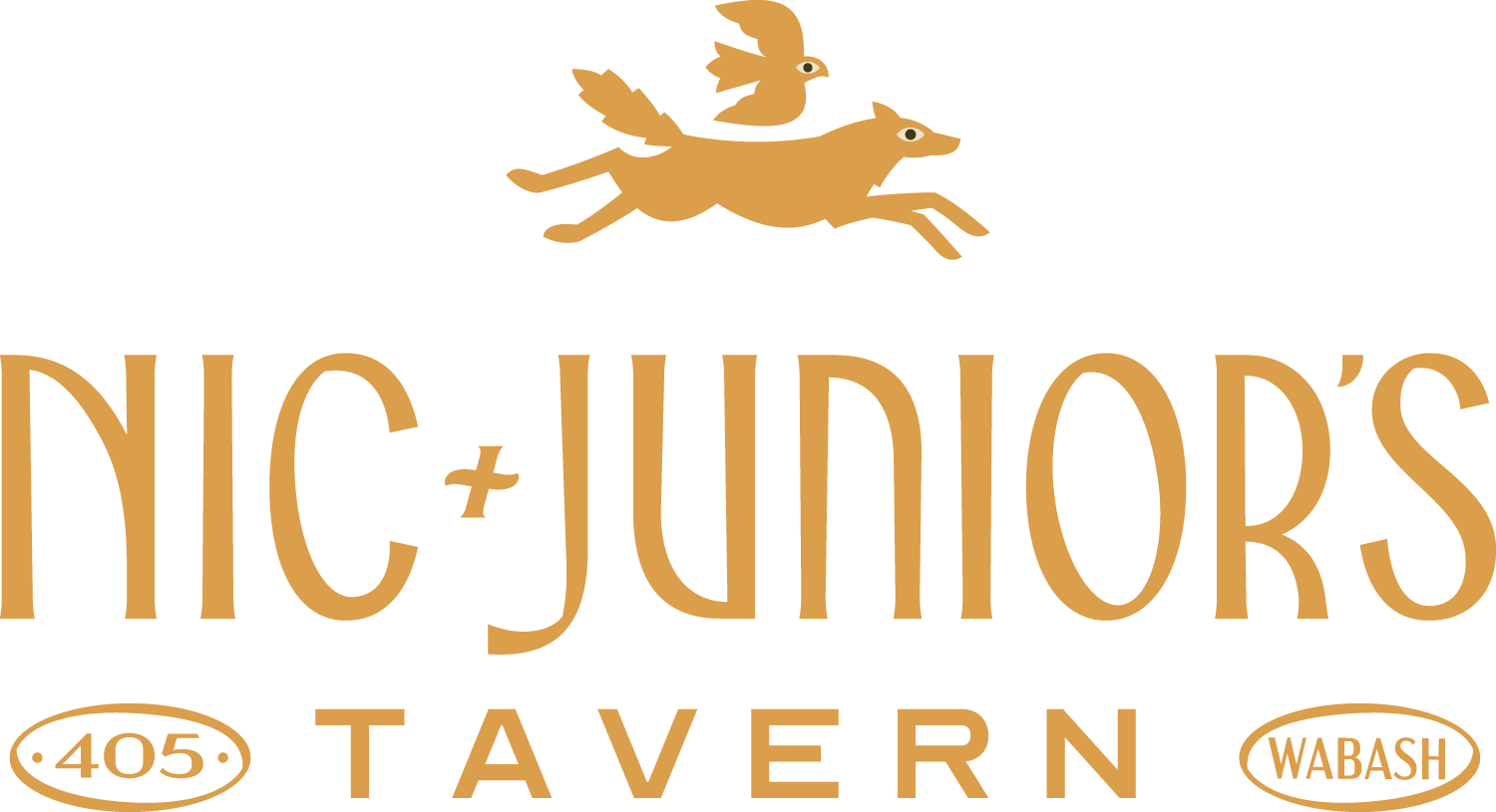 Logo for Rickard's Tavern featuring a stylized gold silhouette of a dog with a bird on its back, the text 'Rickard's Tavern' in large gold letters, and smaller oval signs with '405' and 'Wabash' on either side.