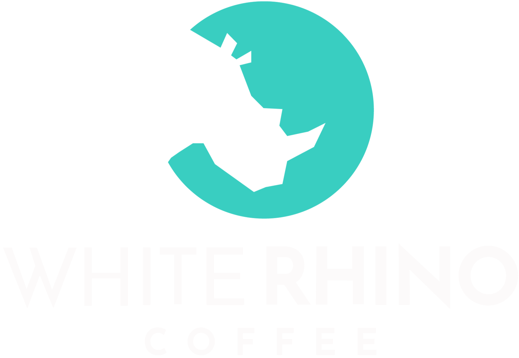 Logo of White Rhino Coffee with a white rhinoceros illustration inside a teal circle and the words "WHITE RHINO COFFEE" in white capital letters below.