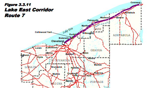 A Map of the Lake East Corridor from NOACA's Commuter Rail Plan