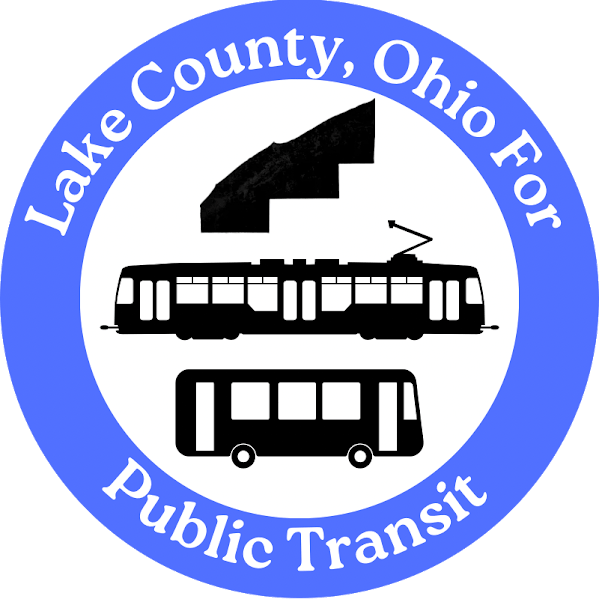 Seal of Lake County, Ohio for public transit featuring a staircase, city bus, and train within a blue circular border.