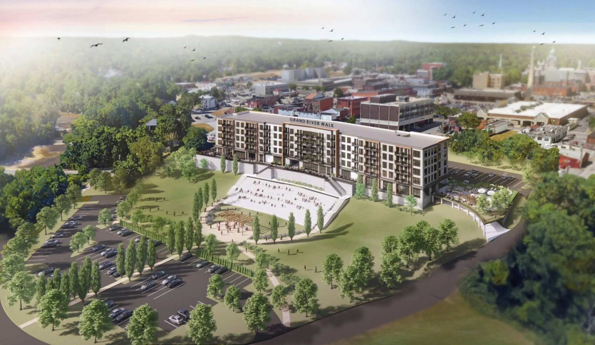 A rendering of the under-construction Grand River Walk and Amphitheater in Painesville
