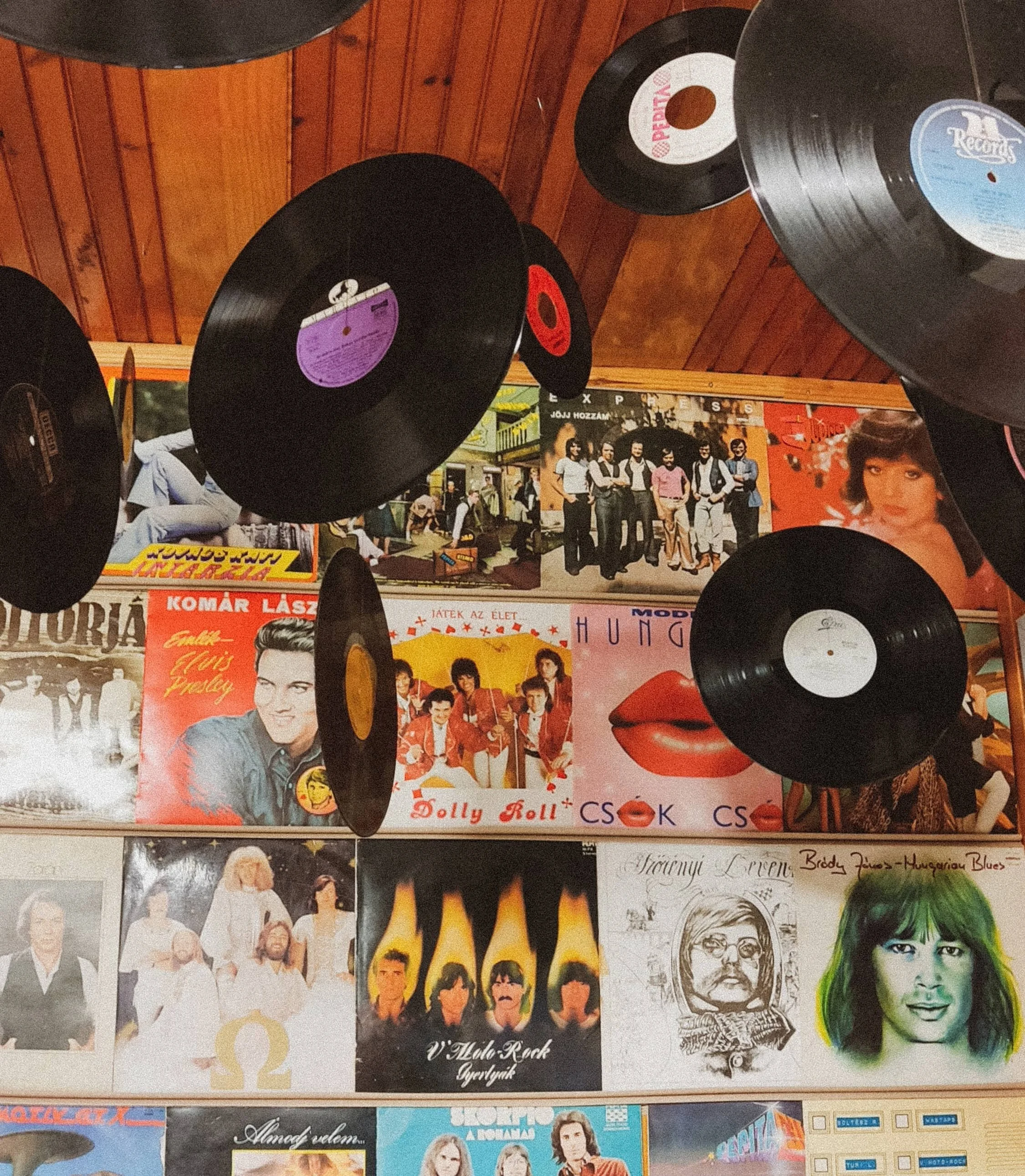 A collection of vinyl records hanging from the ceiling, with various album covers visible below and a wooden ceiling above.