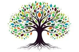 Colorful stylized tree with numerous leaves and visible roots.