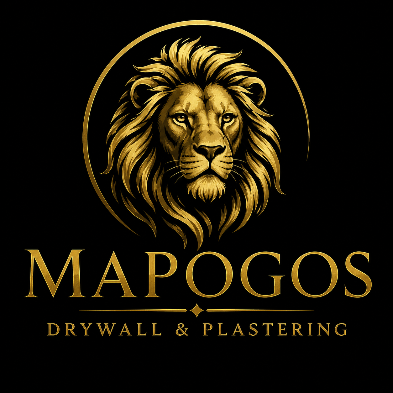 Logo for Mapogos Drywall & Plastering featuring a gold and black lion's head.