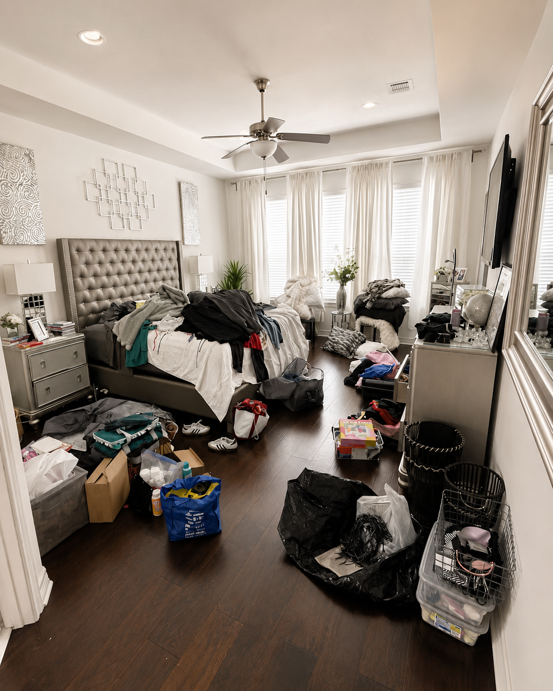 Before photo of a cluttered bedroom with piles of clothing, unpacked bins, and disorganized surfaces prior to home organization.