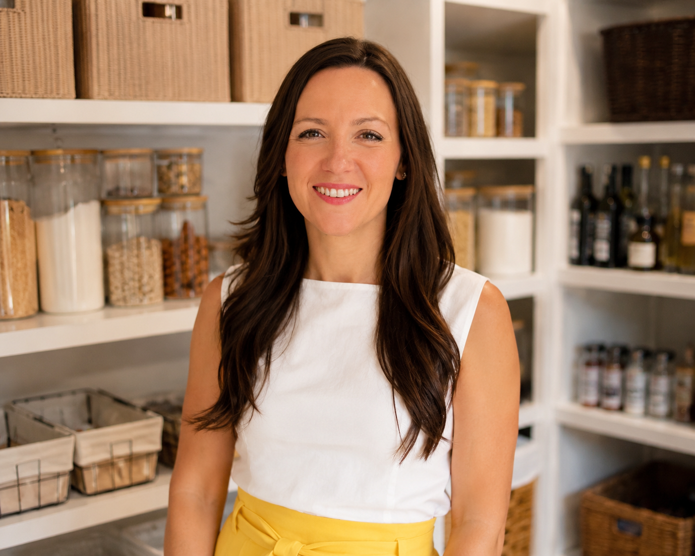 A smiling woman with long brown hair, wearing a white top and yellow apron, standing in a pantry with shelves filled with jars and baskets.