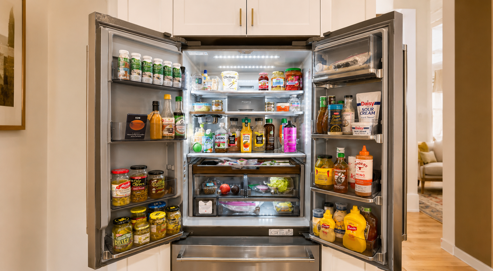 Open refrigerator with various condiments, sauces, dairy products, and fresh produce inside, located in a home kitchen.