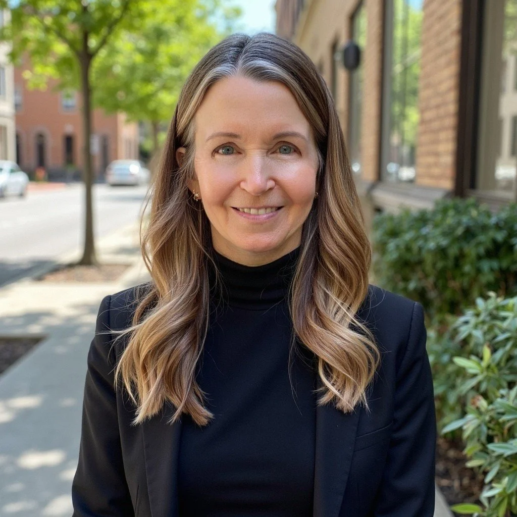 A woman with long, wavy blonde hair, wearing a black blazer and black turtleneck, standing outdoors on a sidewalk with trees and buildings in the background, smiling at the camera.