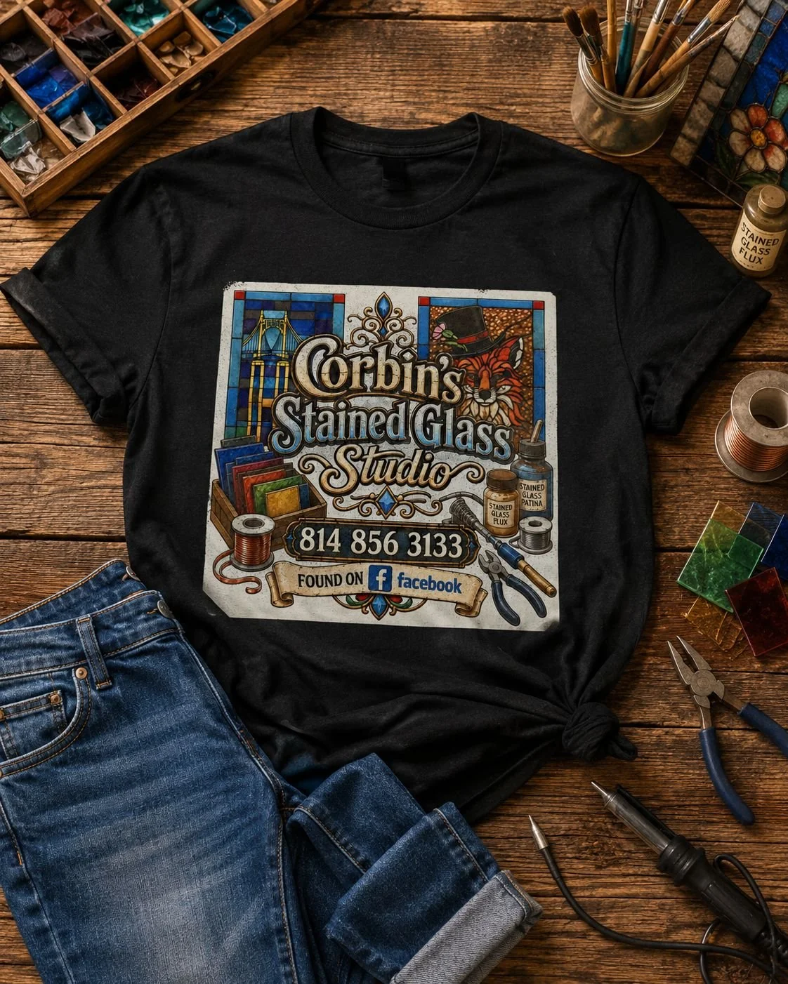 Black T-shirt with colorful stained glass design and text advertising Corbin's Stained Glass Studio, contact phone number, Facebook page, and craft tools like glass sheets, wire, pliers, and soldering iron on wooden table surrounded by art supplies.