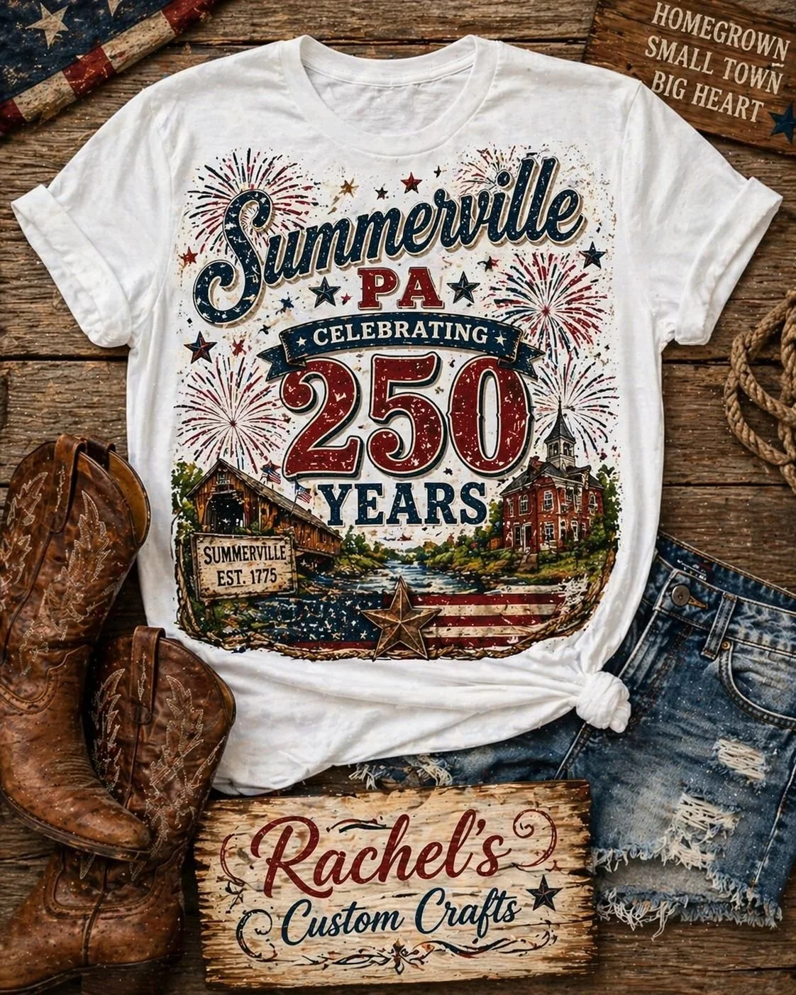 White T-shirt celebrating 250 years of Summerville, Pennsylvania, with illustrations of buildings, fireworks, and patriotic symbols.