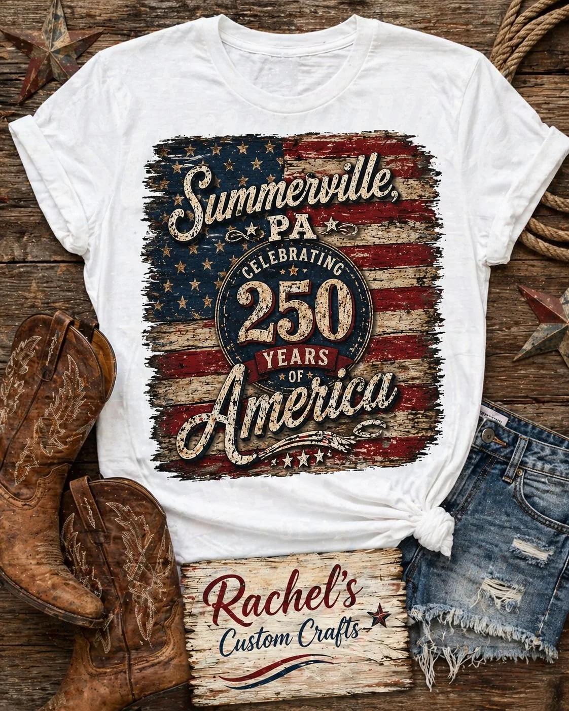 White t-shirt with a design celebrating 250 years of America, featuring a distressed American flag background, patriotic colors, and text that reads 'Summerville, PA, celebrating 250 years of America.' The shirt is surrounded by cowboy boots, a woode