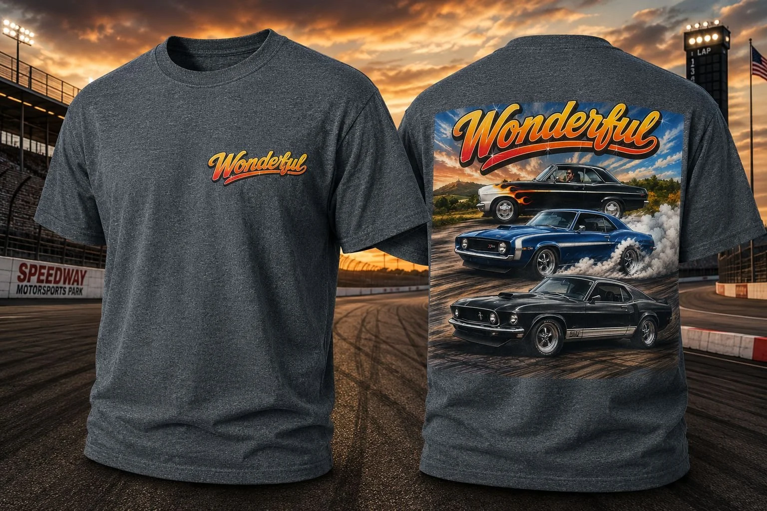 Gray T-shirt with 'Wonderful' written on the front and a large colorful graphic of three classic muscle cars racing on a dirt track on the back, against a sunset background at a racetrack.