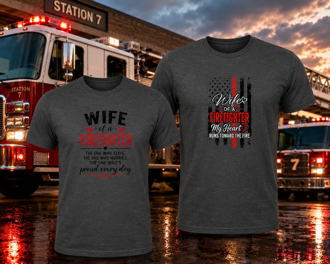 Two dark gray T-shirts with fire fighter wife messages, standing in front of a fire truck at sunset.
