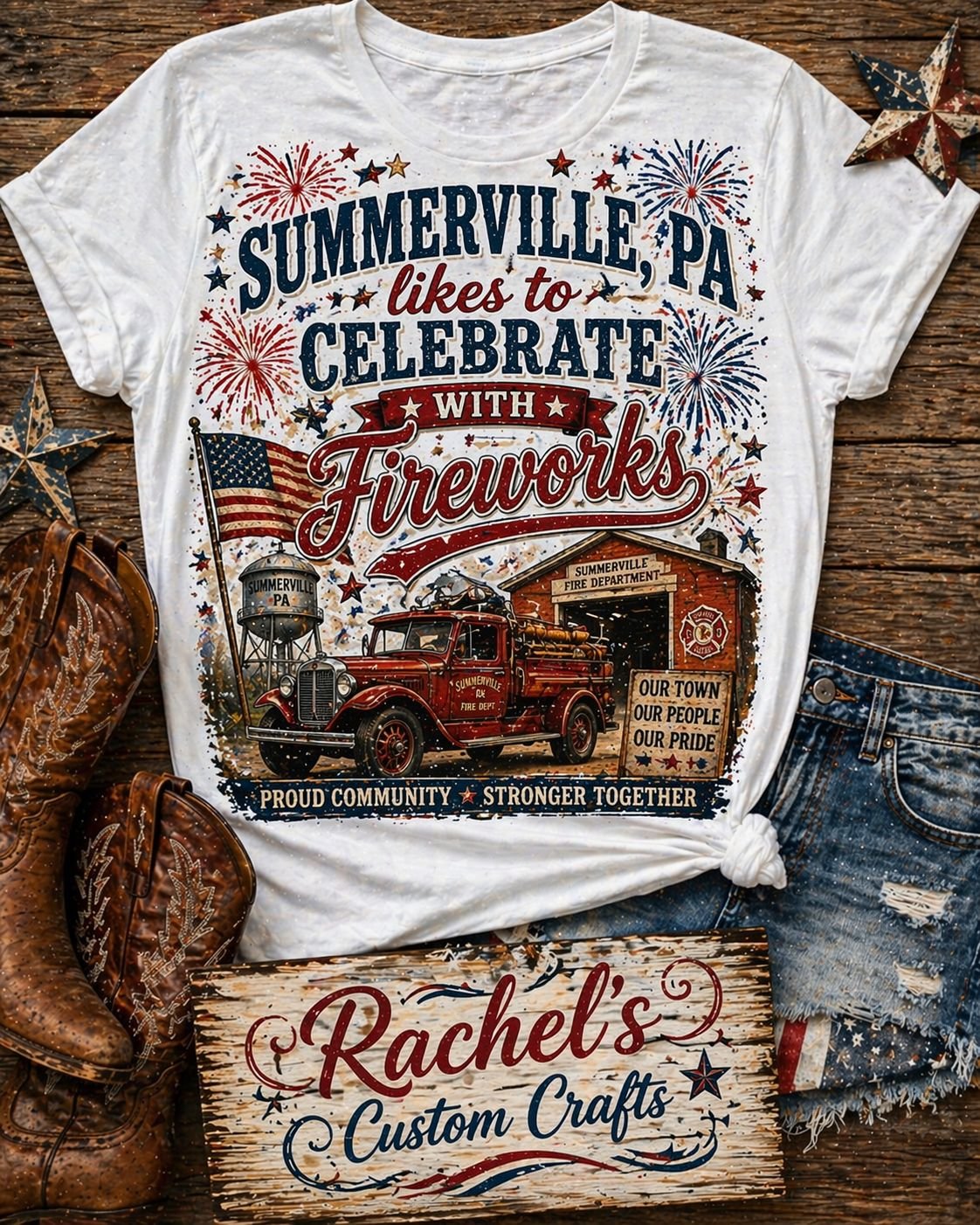 White T-shirt with patriotic design featuring fireworks, American flag, vintage fire truck, and fire department building. The shirt promotes Summerville, PA celebrating with fireworks, emphasizing community pride and togetherness.