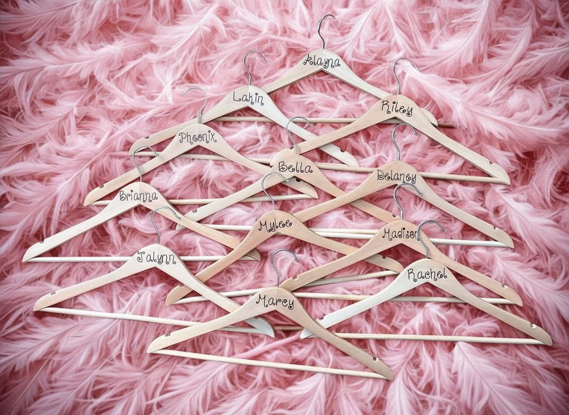 Nine wooden hangers with names written on them, hanging on a pink feathered background.