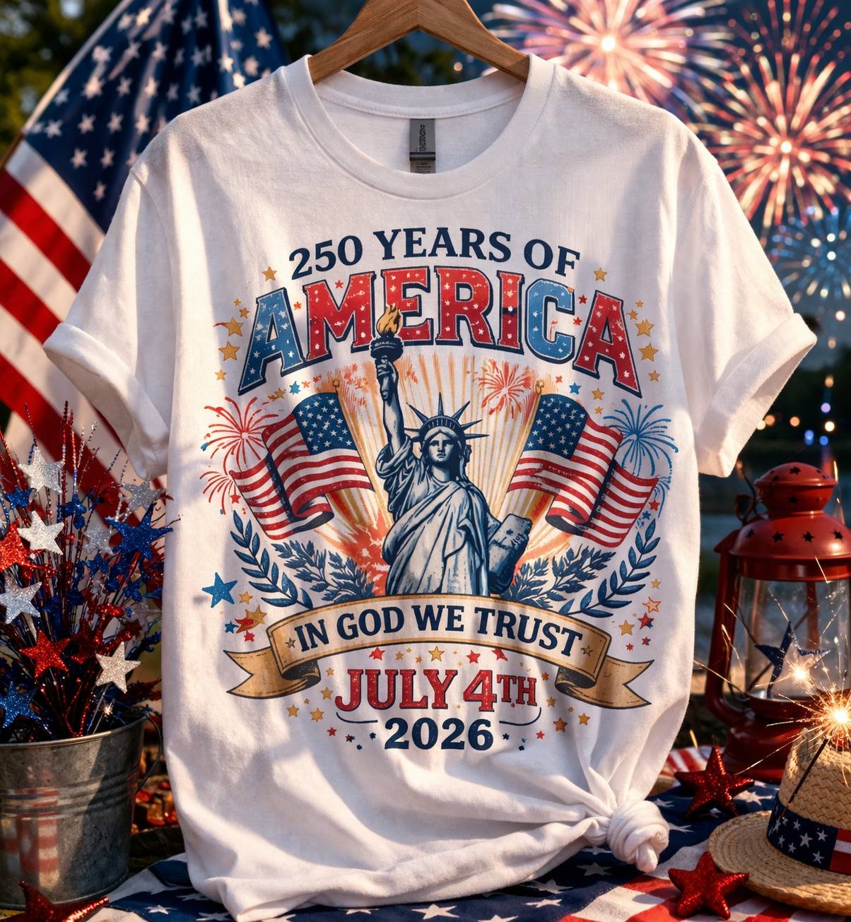 A white T-shirt celebrating the 250th anniversary of America with patriotic graphics, including the Statue of Liberty, American flags, and fireworks. The shirt features the text '250 Years of America,' 'In God We Trust,' and 'July 4th 2026.' The back