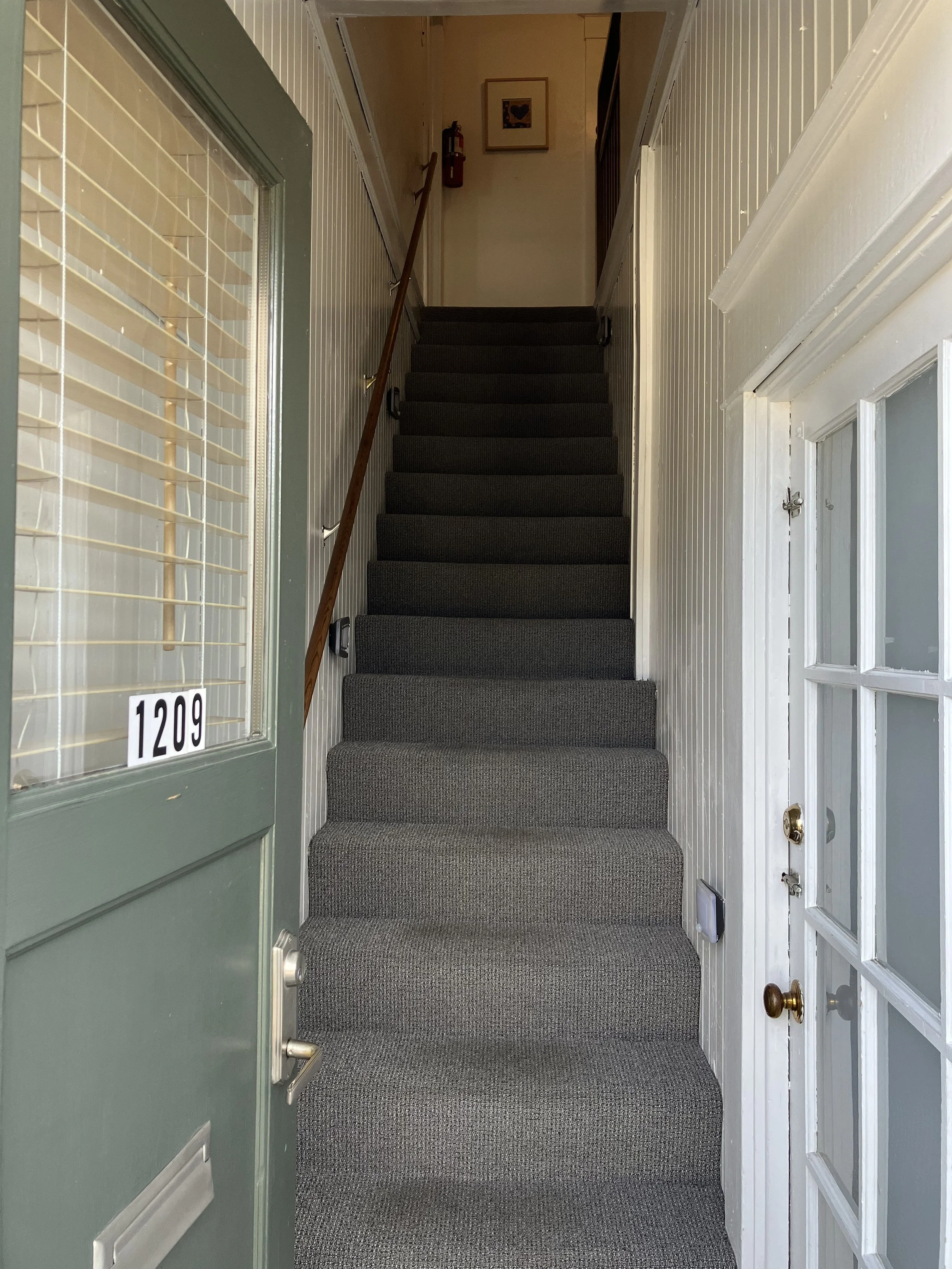 Indoor staircase with dark gray carpet, white wooden walls with beadboard paneling, a small framed picture at the top, a fire extinguisher on the wall, a wooden handrail on the left, and a window with blinds on the left side.