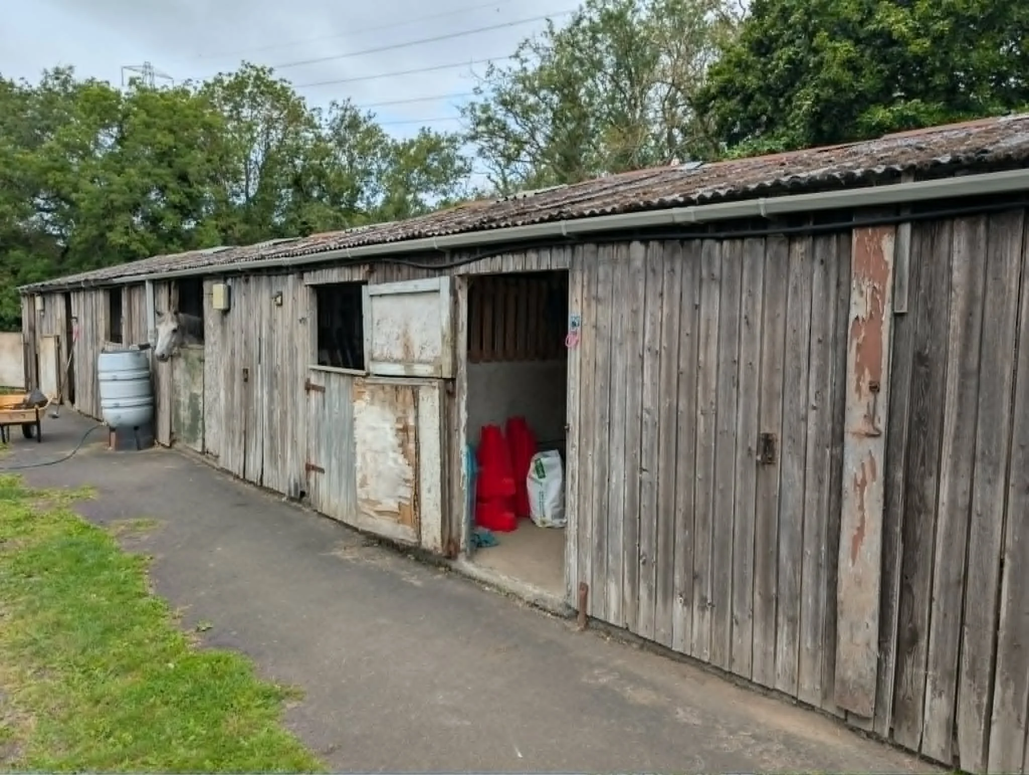 A weathered wooden shed with an open door and an open window, with bags and a barrel outside on a paved area and a grassy patch nearby, surrounded by trees and power lines in the background.