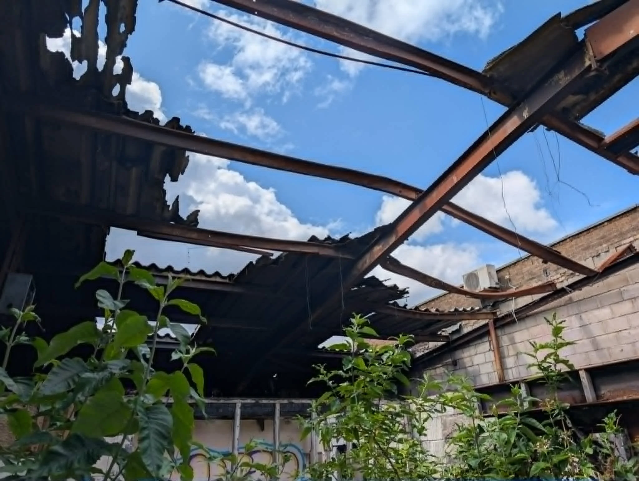 A partially damaged roof structure with metal beams and a cloudy blue sky visible through the open roof area. There are green plants in the foreground and a brick wall at the back.